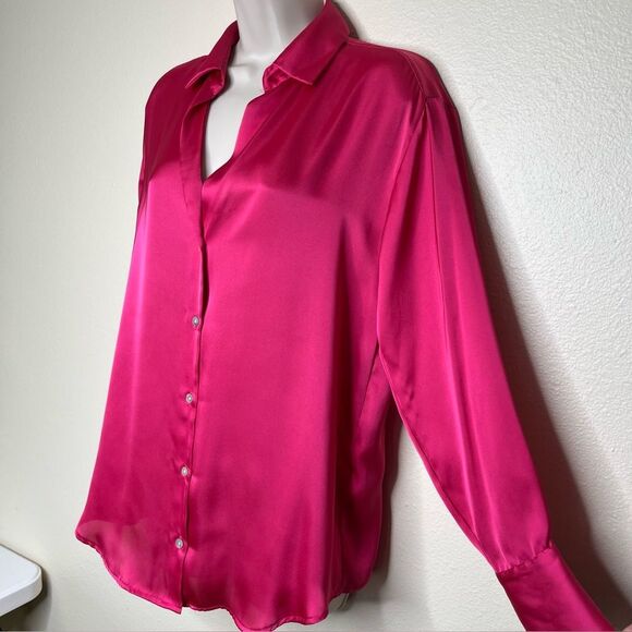Zara Hot Pink Satin V Neck Long Sleeve Button Front French Cuff Shirt Women XS - Picture 7 of 15